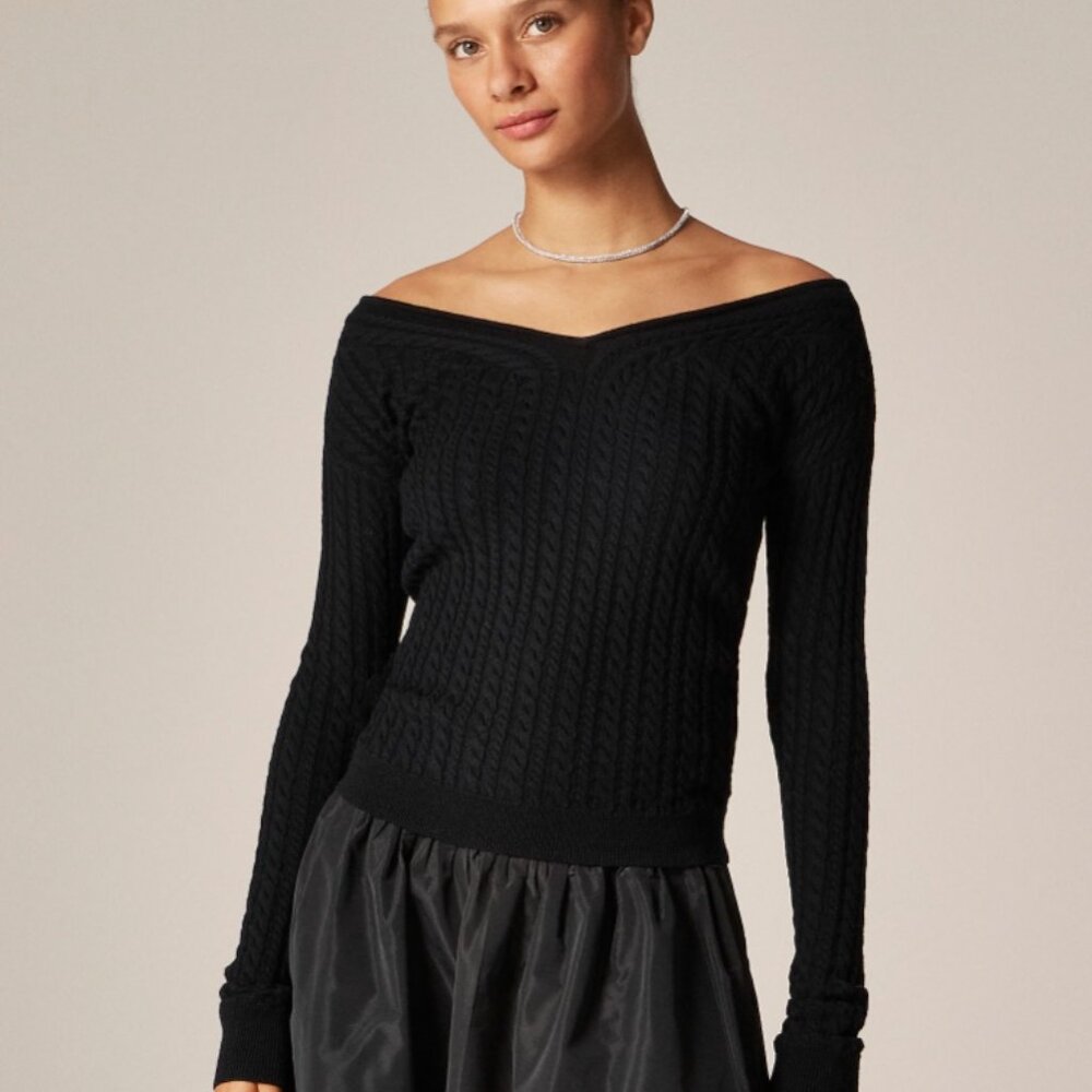 J.Crew Black Cable Knit V Neck Sweater Women's MED 100% Merino Wool NWT